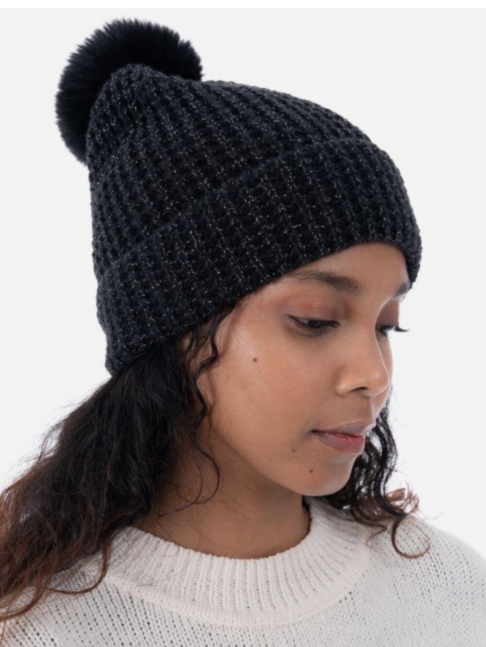 Style & Co Women's Faux-Fur Pom Pom Shimmer Beanie Black One Size